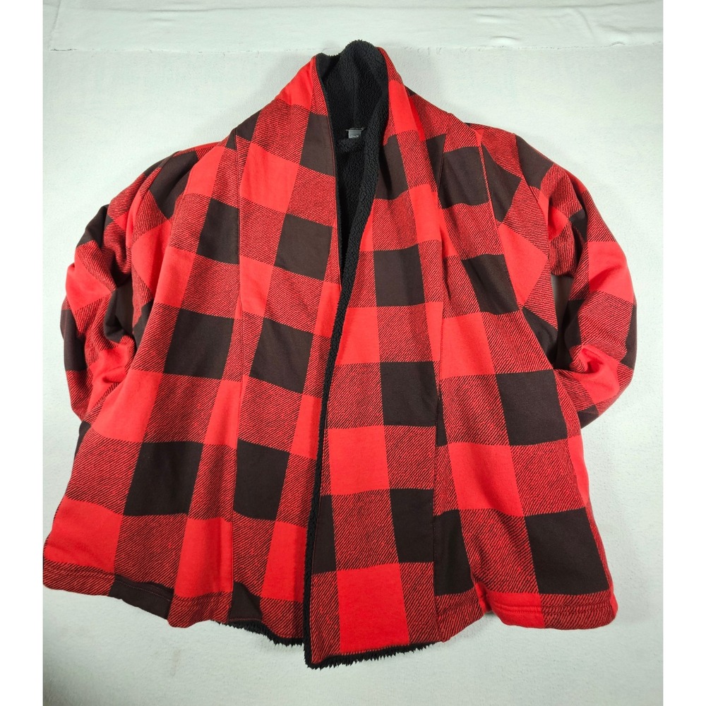 Eddie Bauer Womens Red Black Buffalo Plaid Sherpa Lined Open Cardigan Medium